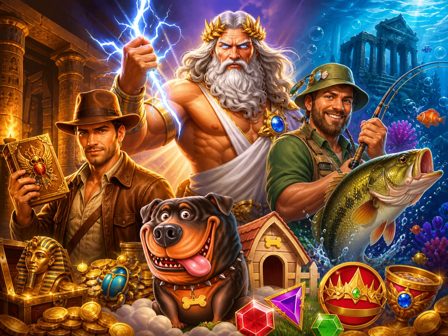 Illustration of vibrant slot game characters and environments for NV Casino